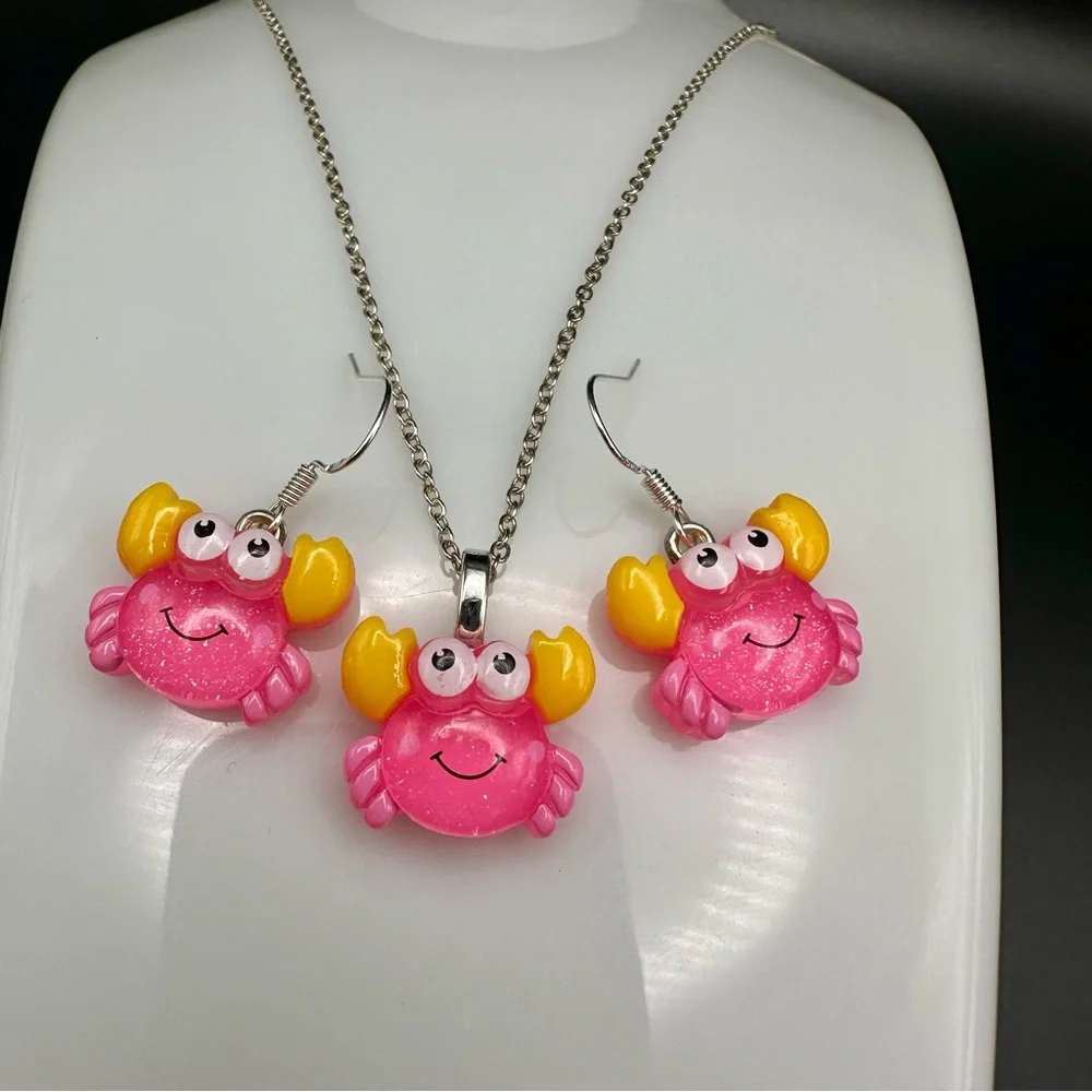 Cute Pink and Yellow Glitter Crab Necklace and Earring Jewelry Set